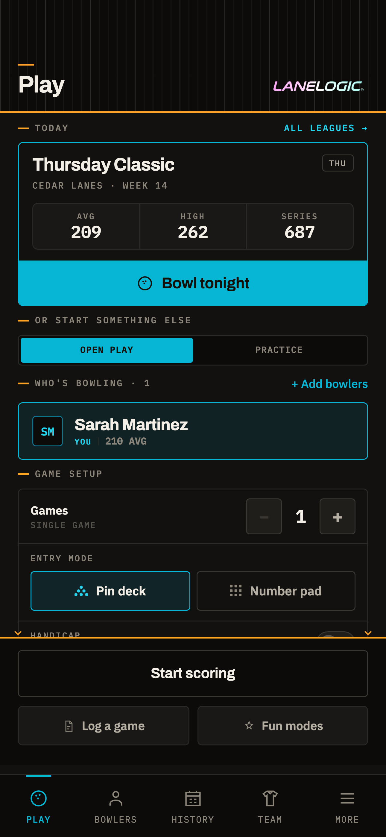 LaneLogic Play screen