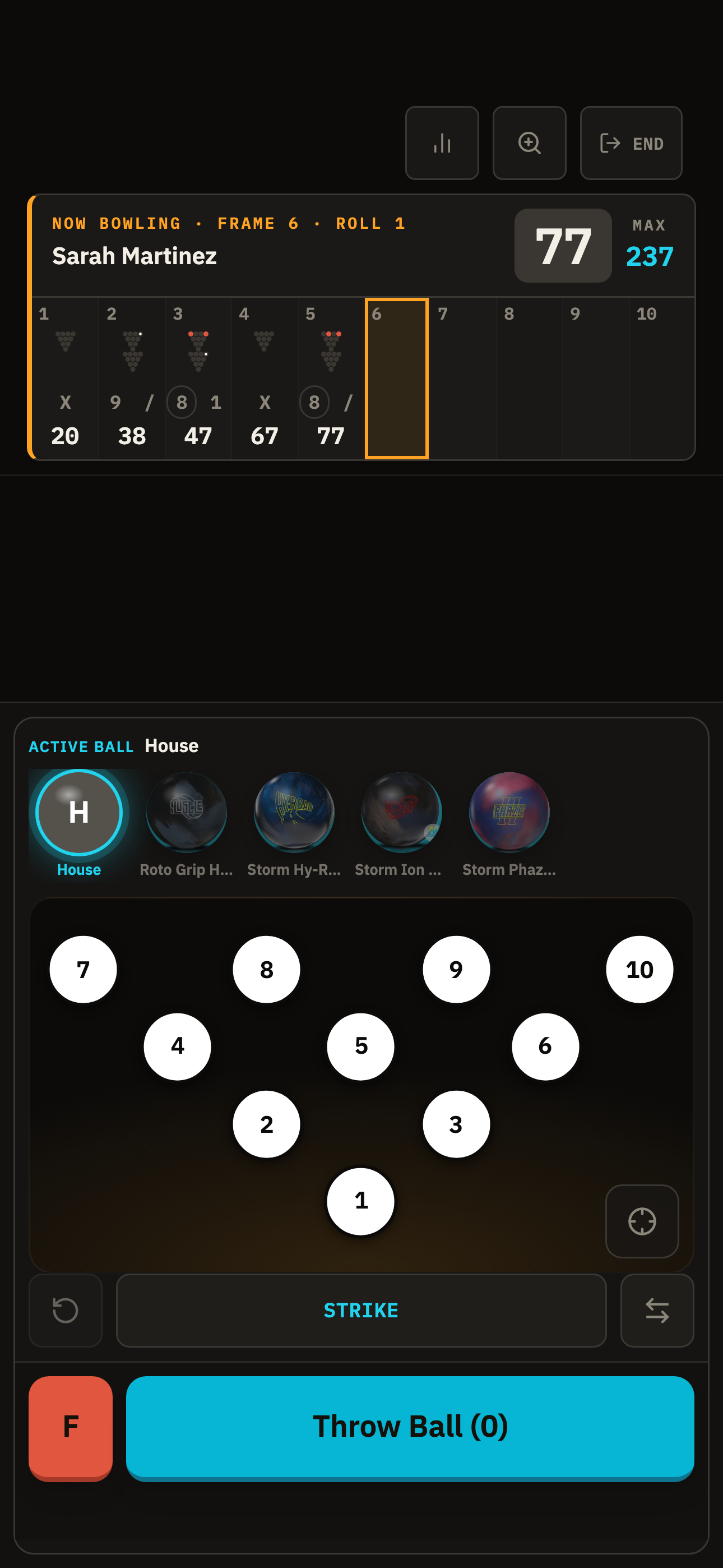 Pin-by-pin scoring screen
